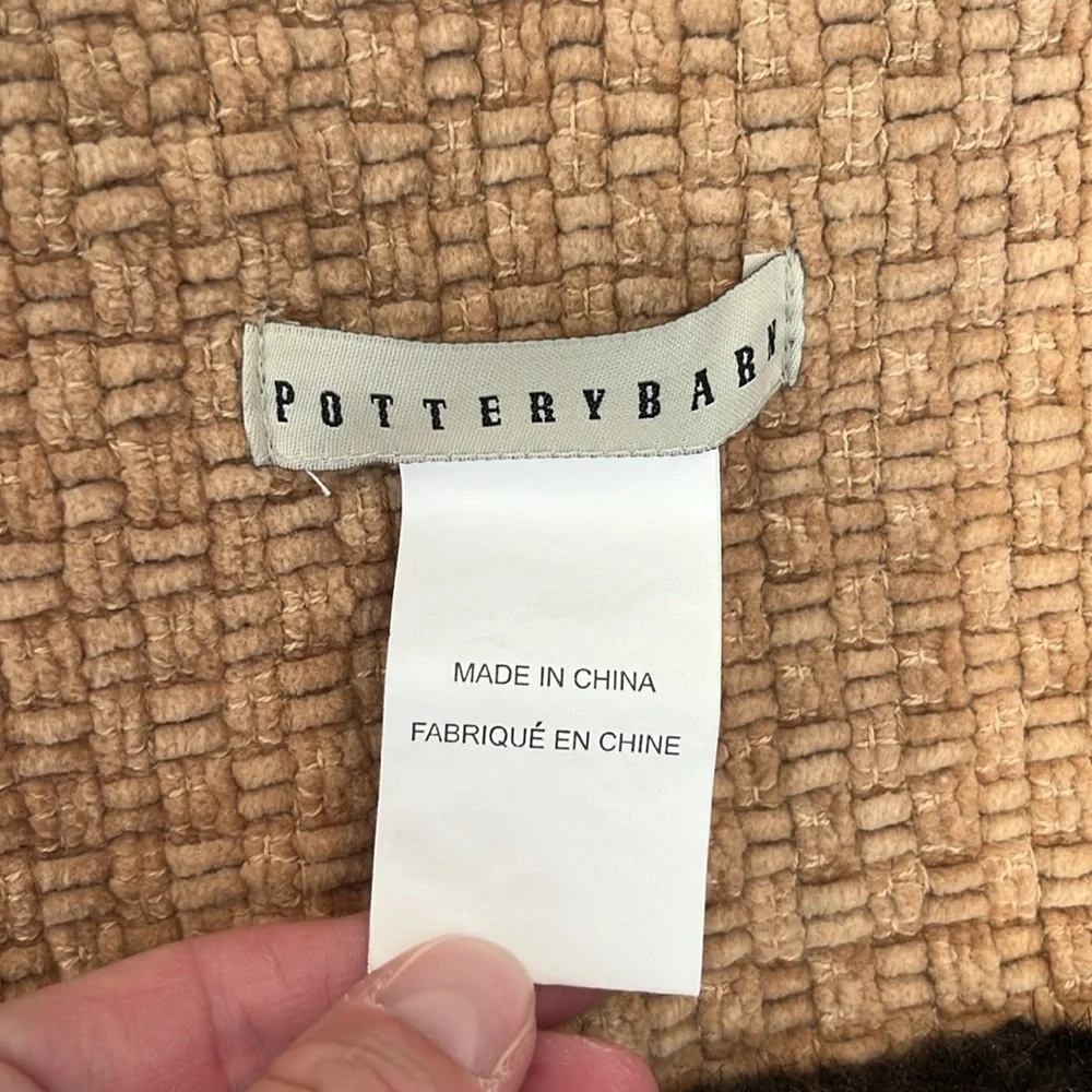 Pottery Barn throw blanket tan natural basket weave dark brown faux fur trim